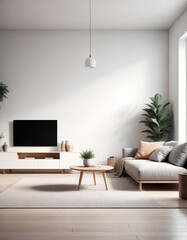 Minimalist living room, interior design, modern gray sofa, dining table with wooden chair, parquet flooring, luxury pendant lamps, architect designer concept, 3d illustration
