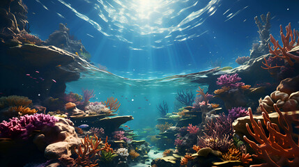 Underwater world with corals and fishes. 3d render.