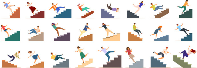 People falling down stairs icons set cartoon vector. Health insurance. Accident risk