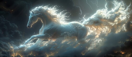 A mythical creature resembling a white horse is soaring through the electric blue sky in the clouds, creating an artistic and fictional scene of wonder and magic - Powered by Adobe