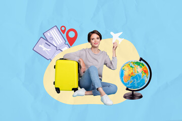 Composite photo collage of happy girl sit earth globe suitcase ready trip aircraft tickets...