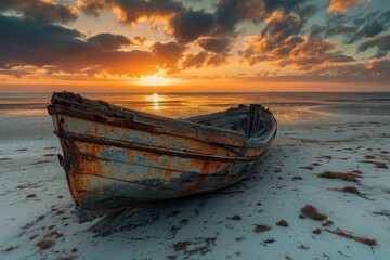 A rusted boat sits atop a sandy beach, blending the elements of decay and stillness in its surroundings, An abandoned fishing boat, stranded at sunset on a deserted beach, AI Generated - Powered by Adobe