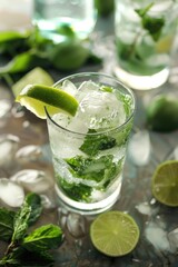 An invigorating mint mojito cocktail, garnished with fresh lime and mint leaves