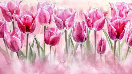 Abstract garden of pink watercolor tulips, raspberry to rose with silver mist.