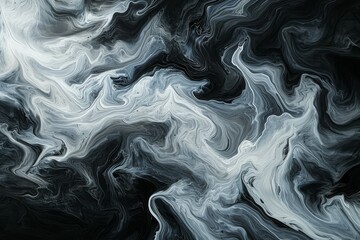 This photo features a black and white abstract painting, showcasing intricate brushstrokes and bold...