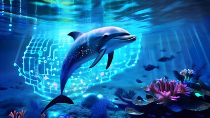 Fototapeta premium underwater landscape with data streams flowing like waves and bioluminescent creatures