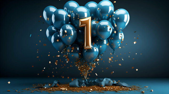 Number 1 gold balloon with confetti on blue background. 3D Render