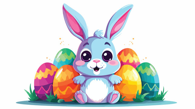 Happy easter bunny with easter eggs isolated flat Vector