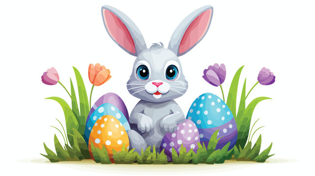 Happy easter bunny with easter eggs isolated flat Vector