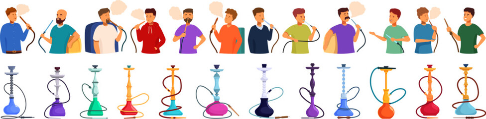 Man smoking hookah icons set cartoon vector. Tobacco lounge. Bar shisha relax