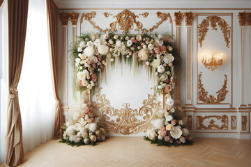 a large floral arrangement on the wall in the room, photo studio background, ballroom background, decorated with flowers