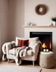 Stylish fireplace near comfortable sofa in cosy living room
