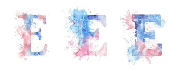 Ai Generated Art Watercolor Set of Multiple Different Pastel Pink and Blue Capital E Letters On a White Background
