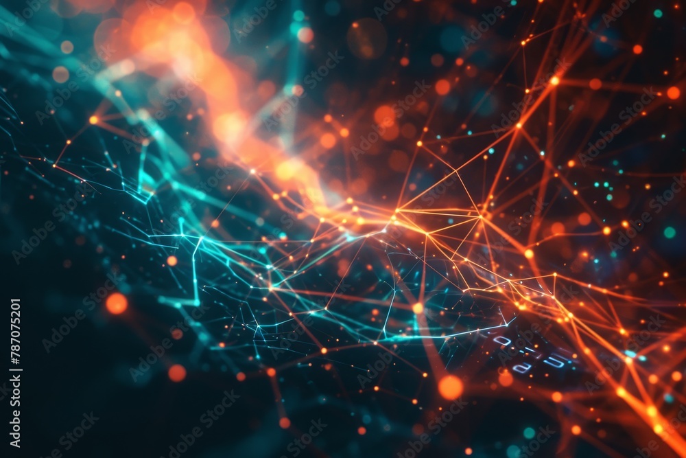 Poster an image featuring a vivid blue and orange background with intersecting lines and scattered dots, an