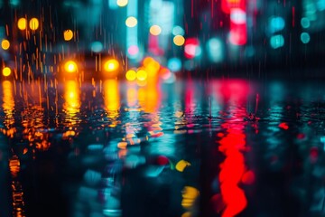 A city street bustling with numerous vehicles and busy traffic during the nighttime, An abstract perspective of city lights reflecting off of a late night rain, AI Generated - obrazy, fototapety, plakaty