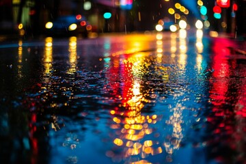 A bustling wet street glistens under the glow of numerous lights, creating a vibrant and lively urban scene, An abstract perspective of city lights reflecting off of a late night rain, AI Generated