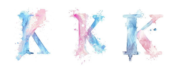 Ai Generated Art Watercolor Set of Multiple Different Pastel Pink and Blue Capital K Letters On a White Background