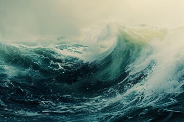 This photo captures the essence of a painting depicting a powerful and majestic wave crashing in the ocean, An abstract representation of a wave breaking in the sea, AI Generated - obrazy, fototapety, plakaty