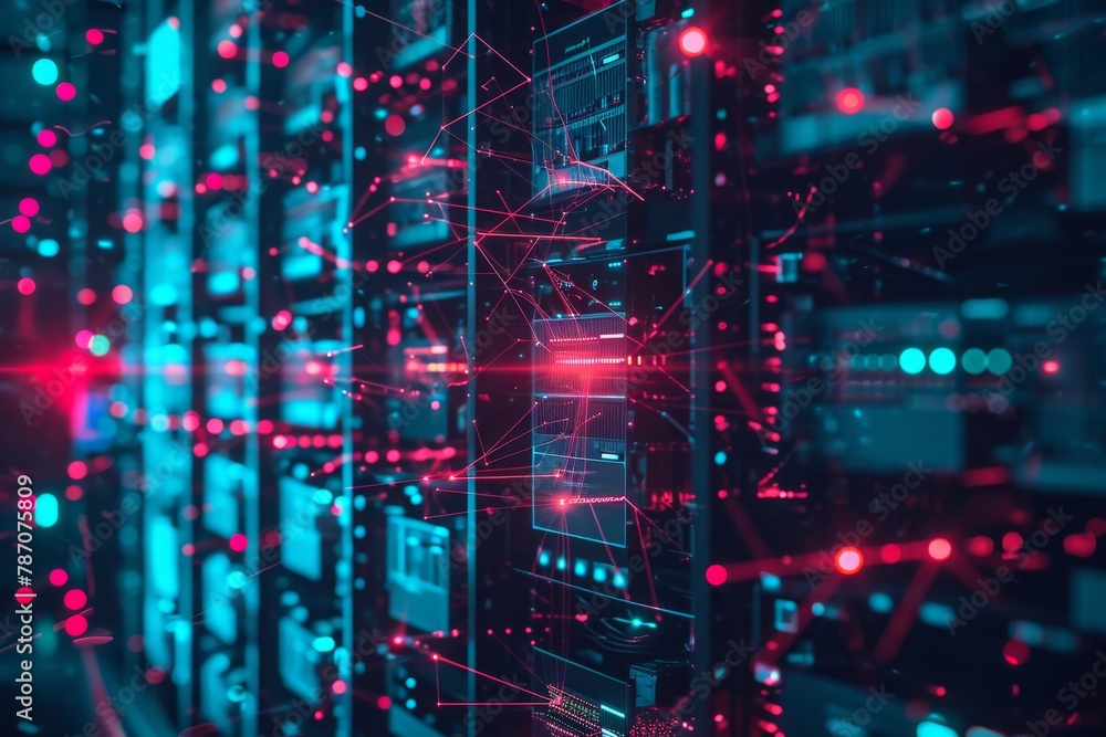 Poster a line of high-tech servers neatly arranged in rows, processing and storing massive amounts of data,