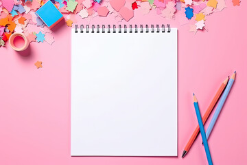 white notepad sheet on a pink background. Back to school, school supplies, top view. High quality photo