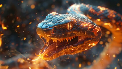 An American alligator with its jaw wide open, displaying its sharp fangs, is surrounded by flames. This Crocodilian reptile is a terrestrial animal - Powered by Adobe