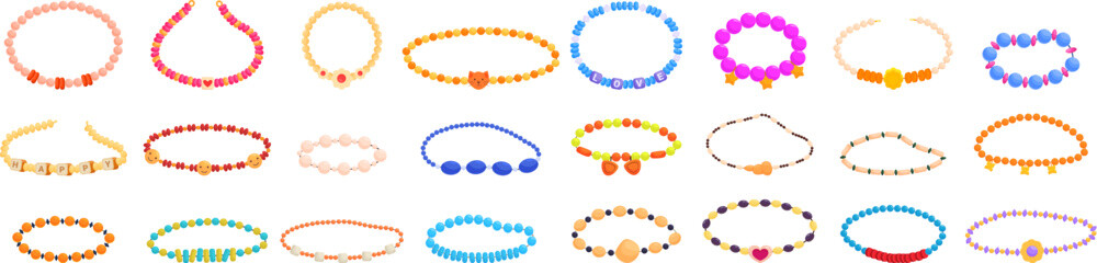Beads bracelets icons set cartoon vector. Plastic fashion. Decoration band - obrazy, fototapety, plakaty