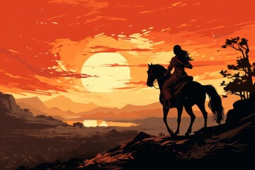 Fototapeta na wymiar A painting depicting a noble lady elegantly riding sidesaddle on a prancing horse against a sunset backdrop. The woman and the horse are the main subjects, captured in motion during this scene