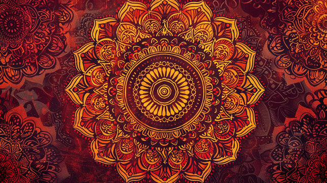 Warm orange and deep crimson mandala, intricate vintage patterns evoke a sunset tapestry.