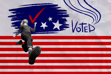 Creative picture collage young running girl footwear election candidate voter checkbox referendum...