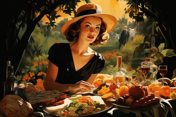 A painting depicting a woman sitting at a table with a plate of food in front of her. The woman is engaged in dining and seems to be enjoying her meal in a relaxed manner