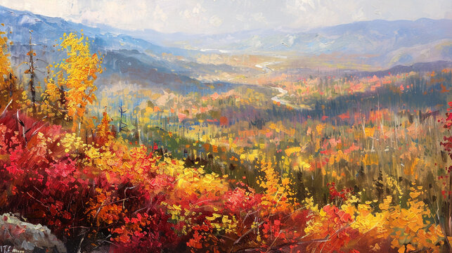"Mountain-top view of a forest in autumn hues with a river reflecting light."