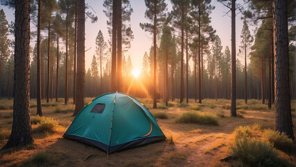 Adventures Camping tourism and tent under the view pine forest landscape near water outdoor in morning and sunset sky at Pang-ung, pine forest park , Mae Hong Son, Thailand. Concept Travel.
