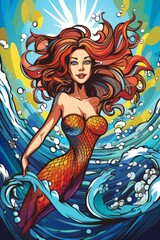 Obraz na płótnie Canvas A woman with long red hair is seen sitting on a wave in the ocean, appearing as if she is surfing or riding the wave. The womans hair is flowing behind her as she balances on the water