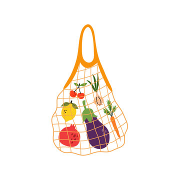 Illustration of mesh bag with different products. Eco bag with fruits, supermarket products
