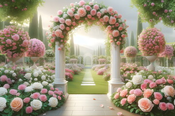 Fototapeta na wymiar a view of a garden with a white arch and pink roses, beautiful garden on background