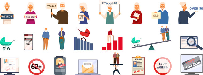 Social problem aging society icons set cartoon vector. Low birth. State natality