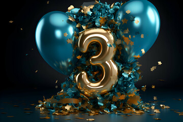 Number 3 gold and blue balloon with confetti. 3D Render