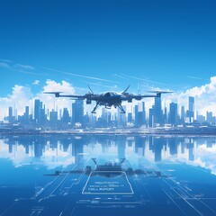 Advanced drone technology in action against stunning blue skyline backdrop - ideal for showcasing innovation and urban development. - obrazy, fototapety, plakaty
