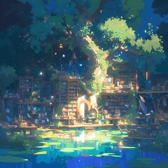 Enchantment Meets Knowledge - Amid the Stillness of Midnight, a Hidden Library Shines in an Otherworldly Forest by the Quiet Lake.