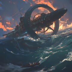 Giant Steam-Powered Wheel-Like Propellers Pushing Awe-Inspiring Sailing Ship into the Sunset - obrazy, fototapety, plakaty