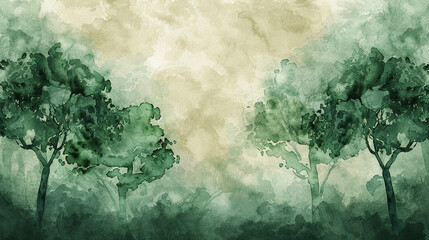 Tranquil forest watercolor scene with emerald and moss greens for nature branding.
