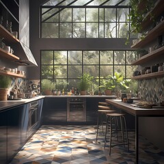 Bright and spacious kitchen interior with a warm ambiance. - obrazy, fototapety, plakaty