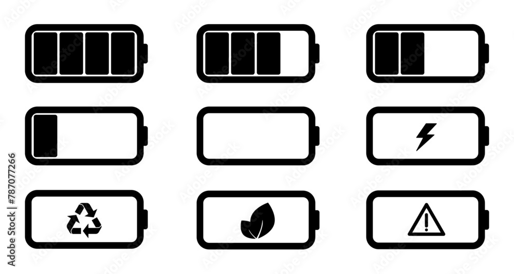 Poster battery icon set with power level, nature, regeneration and warning icons. the outline icon is edita