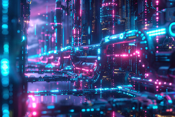 Blockchain technology depicted in a futuristic cyberpunk style, revolutionizing, amidst neon-lit cityscapes