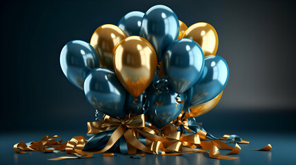 3D render of a bunch of blue and golden balloons tied with gold ribbon