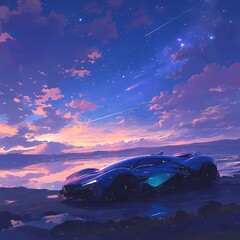 A Stunning Side Profile of a Glossy Pod Car Amidst the Glistening Sunset Waterscape - obrazy, fototapety, plakaty