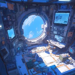 Discover the Cosmos from a Dreamy Astronaut Quarters: Explore an Awe-Inspiring Space Journey - obrazy, fototapety, plakaty