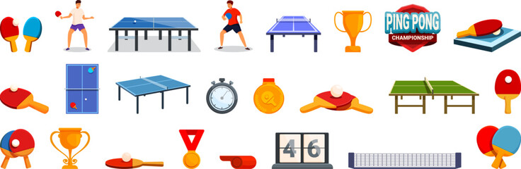 Ping pong tournament icons set cartoon vector. People playing. Sport indoor