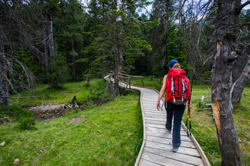 Young hiker woman in Vall de Boi, Aiguestortes and Sant Maurici National Park, Spain