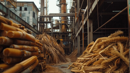 A pile of straw is stacked in a warehouse. Scene is somewhat somber, as the straw is being processed and likely being used for fuel or other industrial purposes